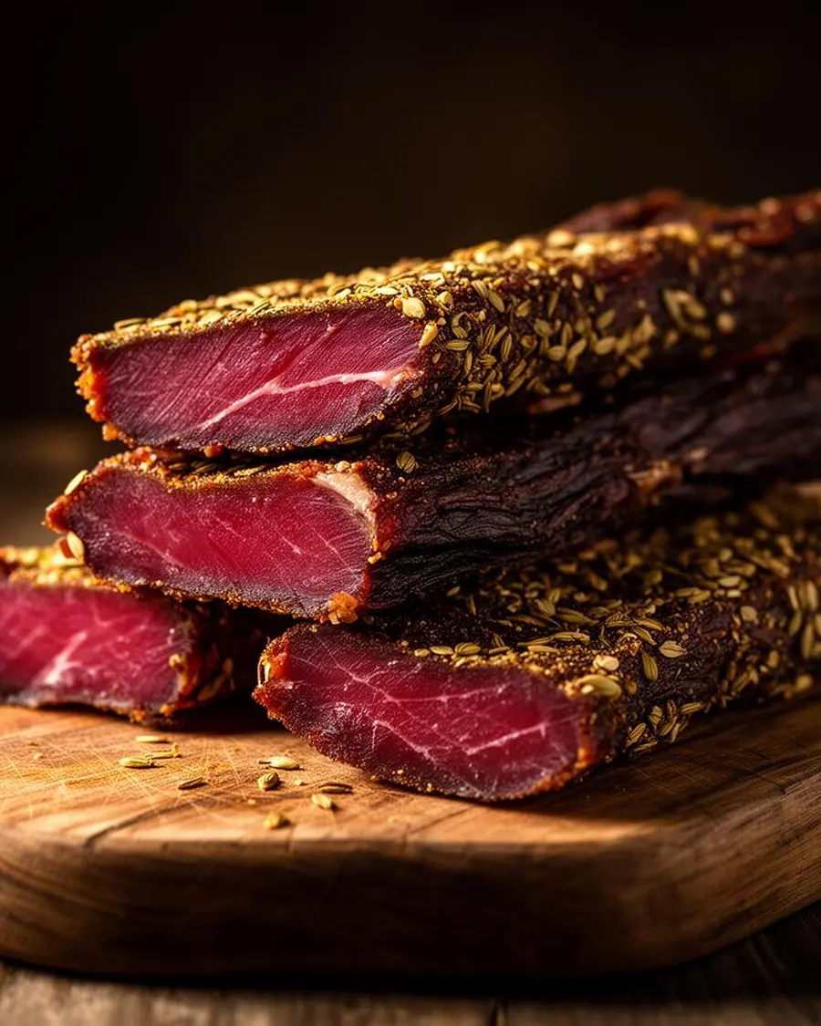 Premium biltong sliced to show a deep red centre